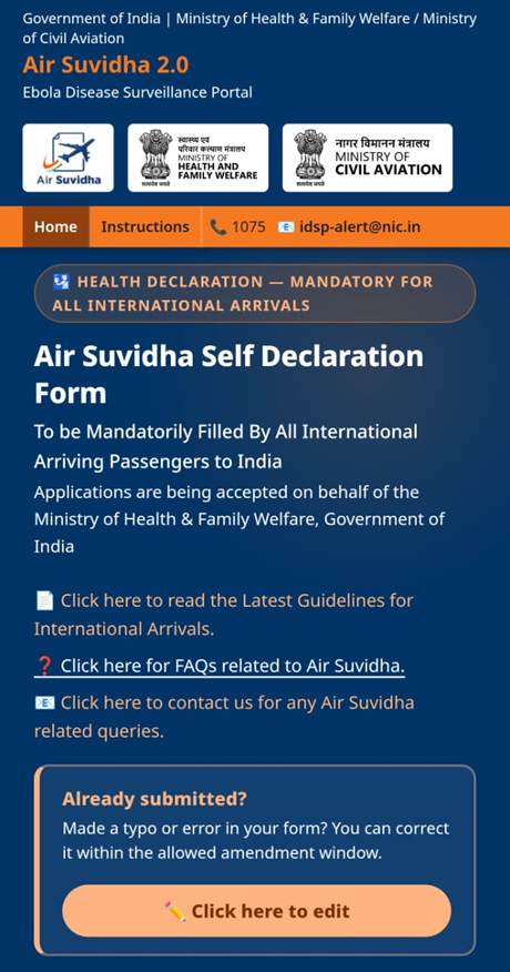 Air Suvidha 2.0 Health Form Returns For International Travellers To India